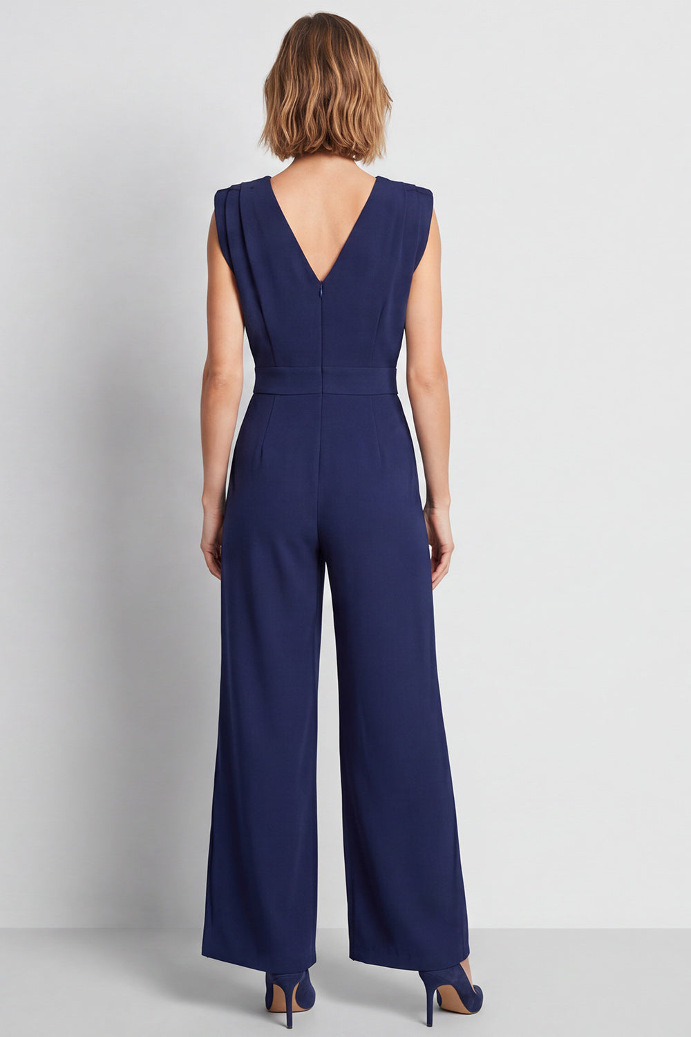 Navy V-Neck Ruched Long Work Jumpsuits