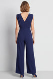 Navy V-Neck Ruched Long Work Jumpsuits