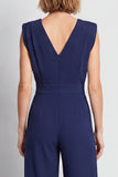 Navy V-Neck Ruched Long Work Jumpsuits