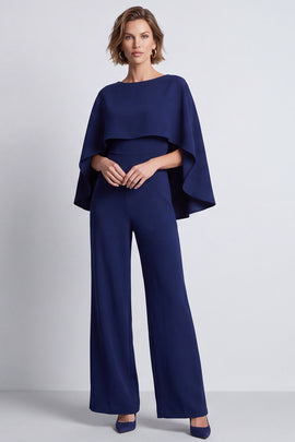 Navy Boat Neck Long Work Jumpsuits with Cape