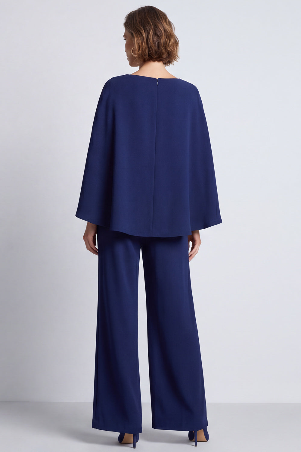 Navy Boat Neck Long Work Jumpsuits with Cape