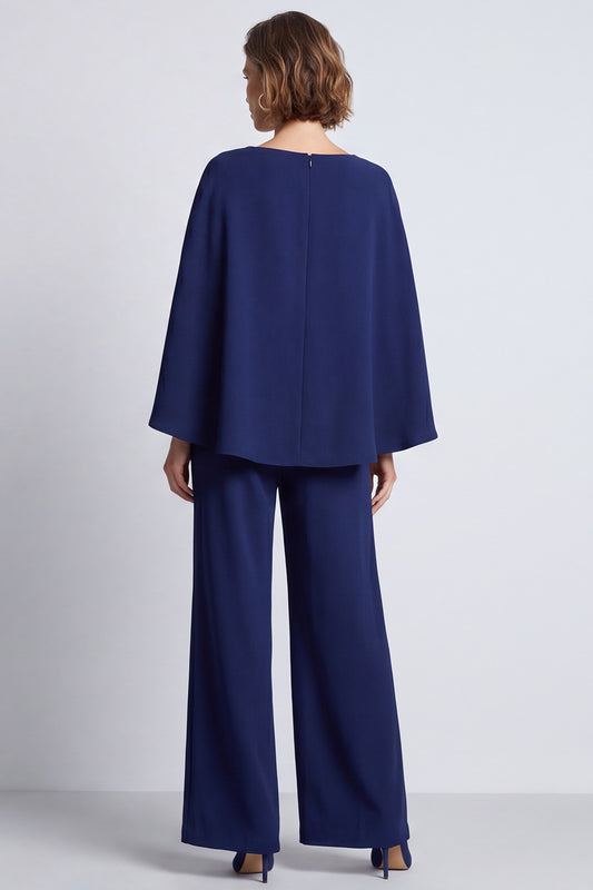 Navy Boat Neck Long Work Jumpsuits with Cape