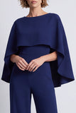 Navy Boat Neck Long Work Jumpsuits with Cape