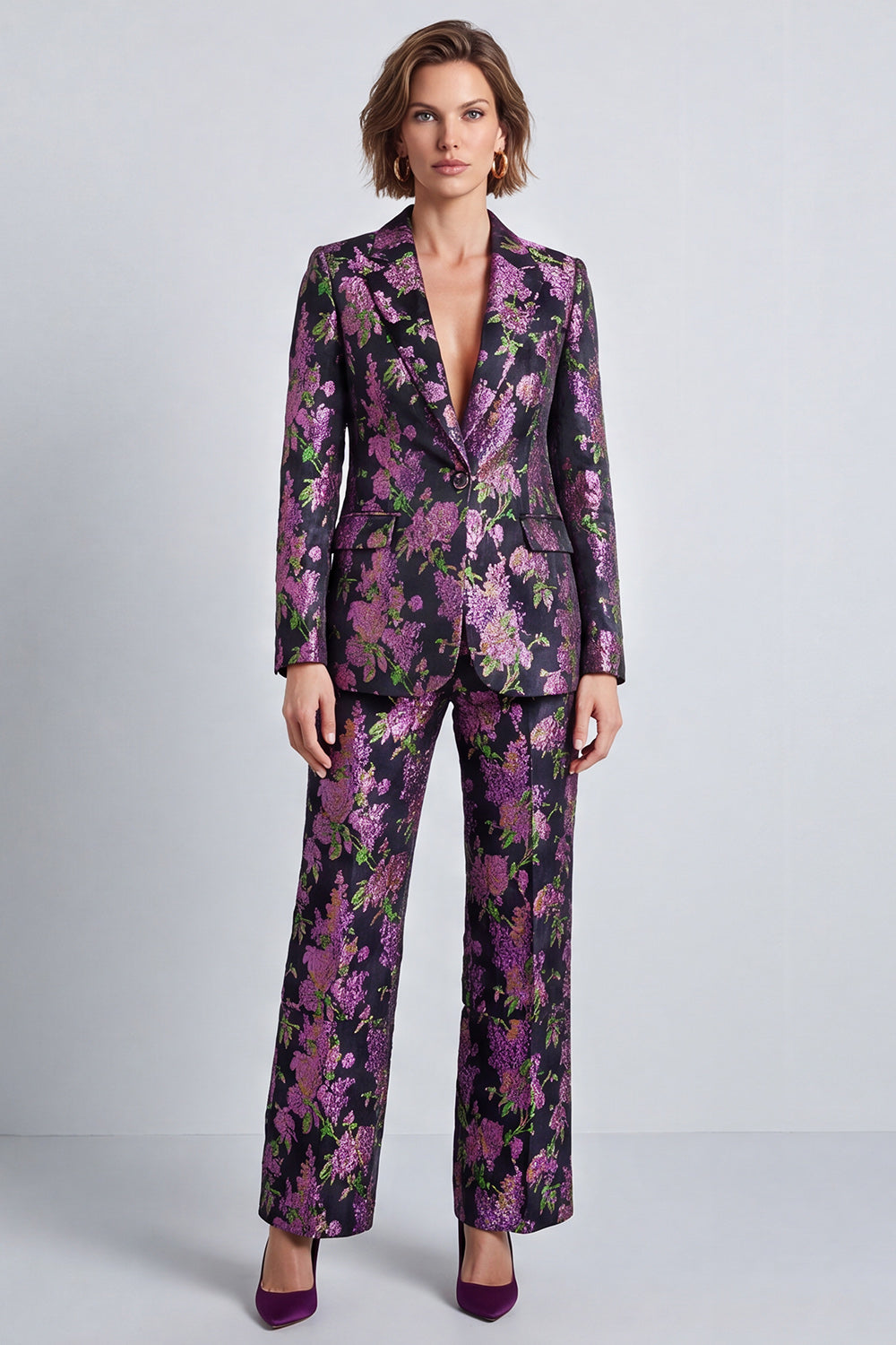 Black Purple Flower Jacquard Notched Lapel Two Piece Prom Suits
