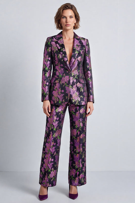 Black Purple Flower Jacquard Notched Lapel Two Piece Prom Suits