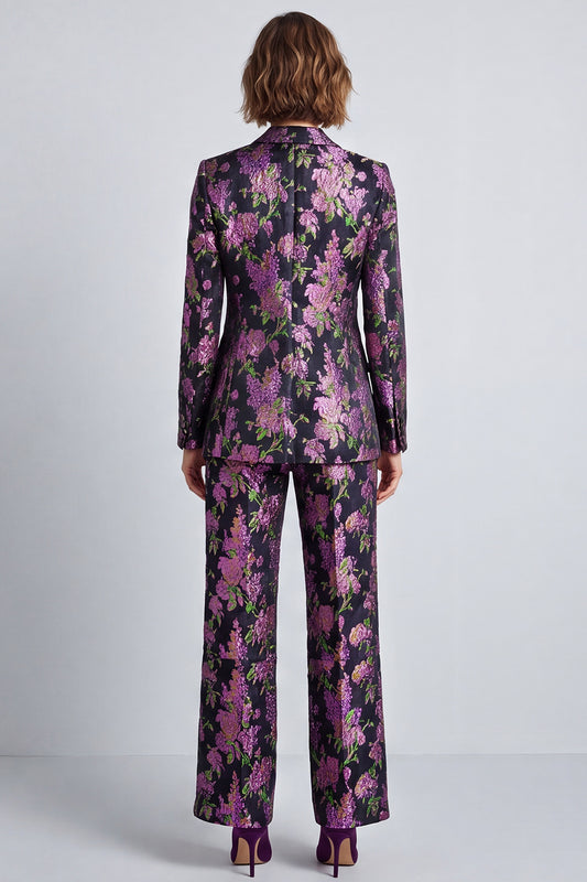 Black Purple Flower Jacquard Notched Lapel Two Piece Prom Suits