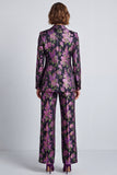 Black Purple Flower Jacquard Notched Lapel Two Piece Prom Suits