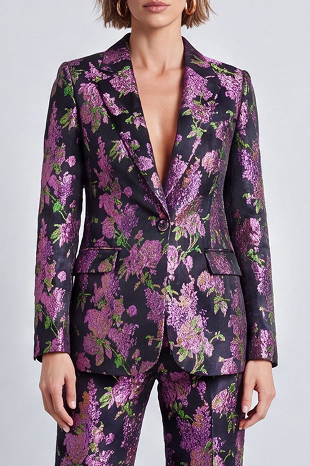 Black Purple Flower Jacquard Notched Lapel Two Piece Prom Suits