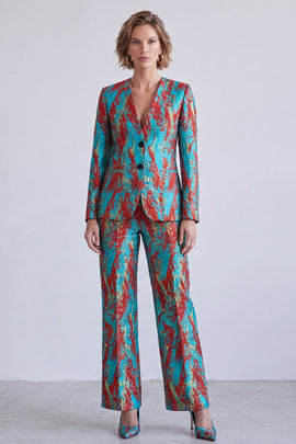 Blue and Red Printed V-Neck Single Breasted Two Piece Prom Suits