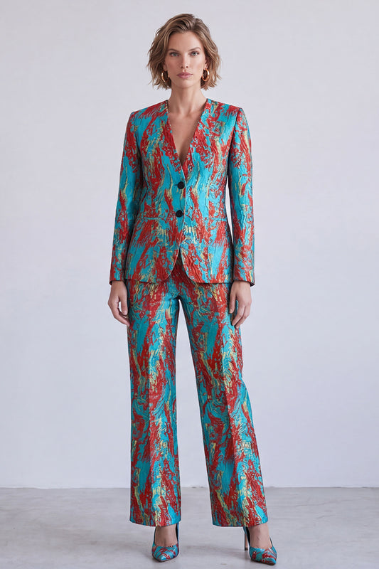 Blue and Red Printed V-Neck Single Breasted Two Piece Prom Suits