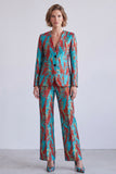 Blue and Red Printed V-Neck Single Breasted Two Piece Prom Suits