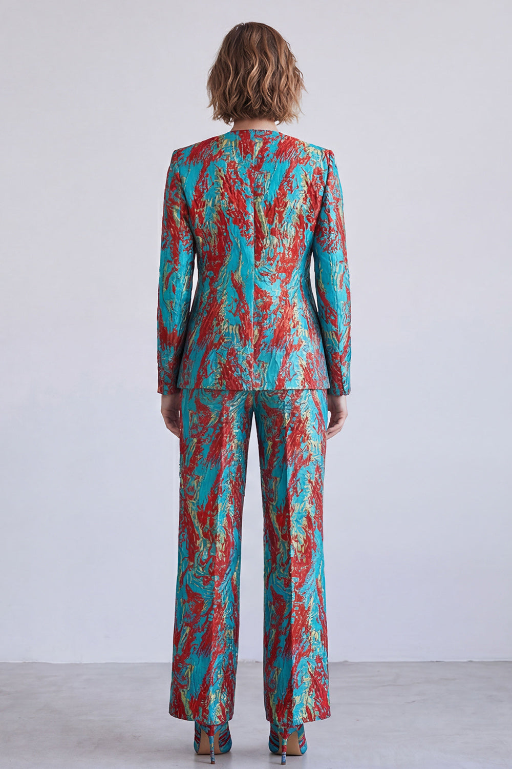 Blue and Red Printed V-Neck Single Breasted Two Piece Prom Suits
