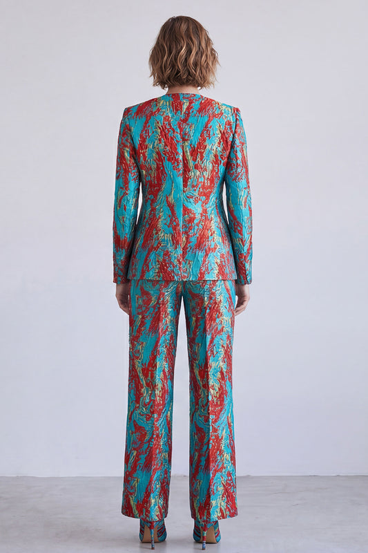Blue and Red Printed V-Neck Single Breasted Two Piece Prom Suits