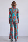 Blue and Red Printed V-Neck Single Breasted Two Piece Prom Suits