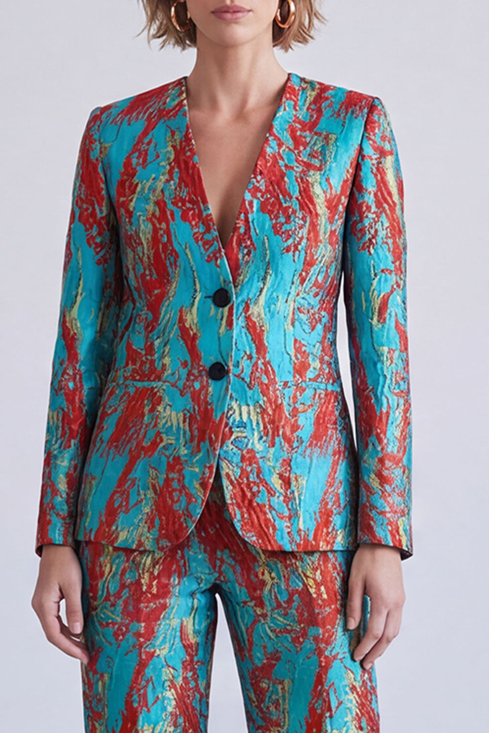 Blue and Red Printed V-Neck Single Breasted Two Piece Prom Suits