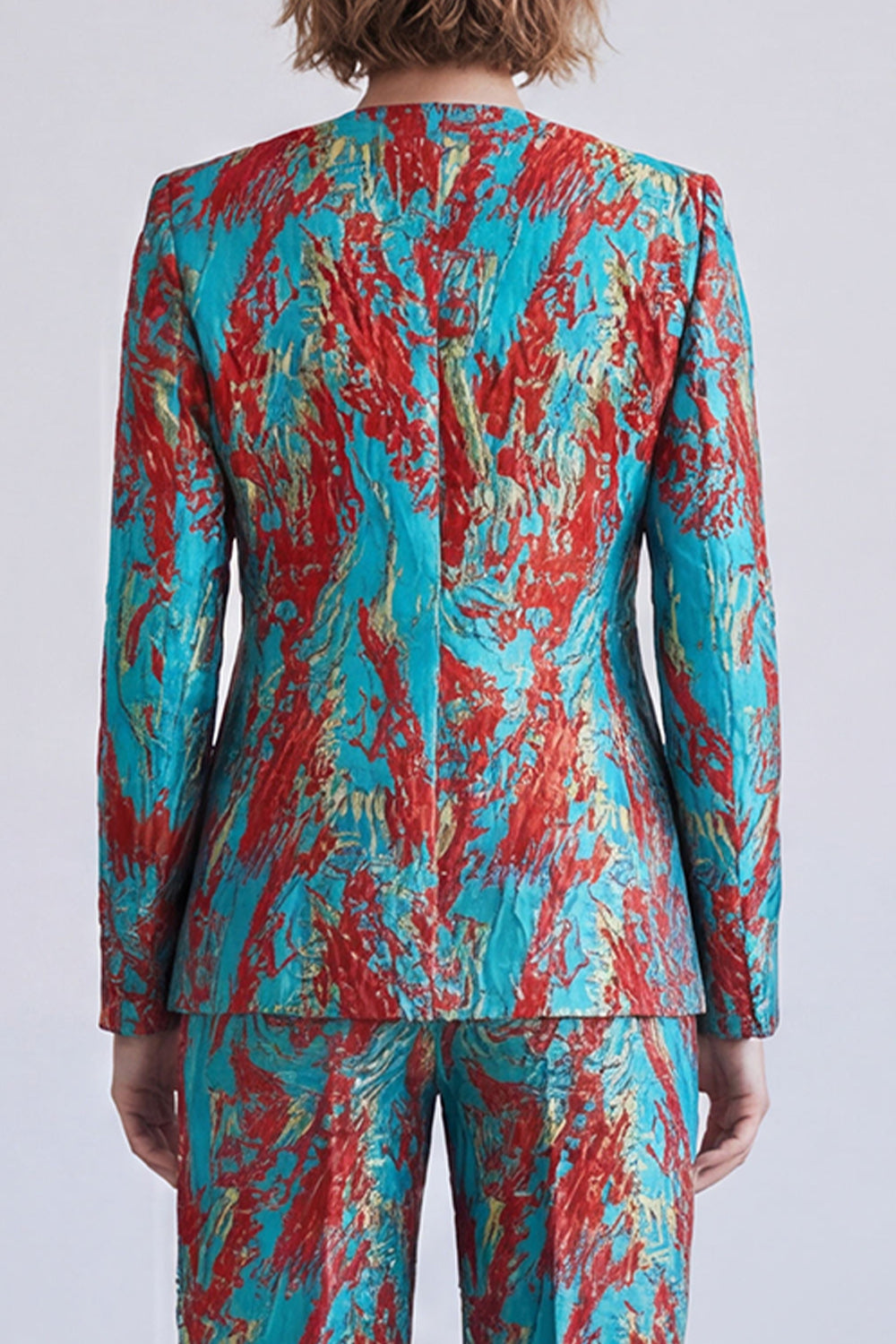 Blue and Red Printed V-Neck Single Breasted Two Piece Prom Suits