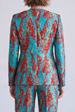 Blue and Red Printed V-Neck Single Breasted Two Piece Prom Suits