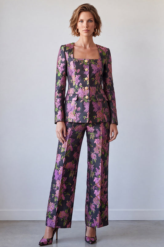 Black Purple Flower Printed Square Neck Two Piece Prom Suits