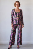 Black Purple Flower Printed Square Neck Two Piece Prom Suits