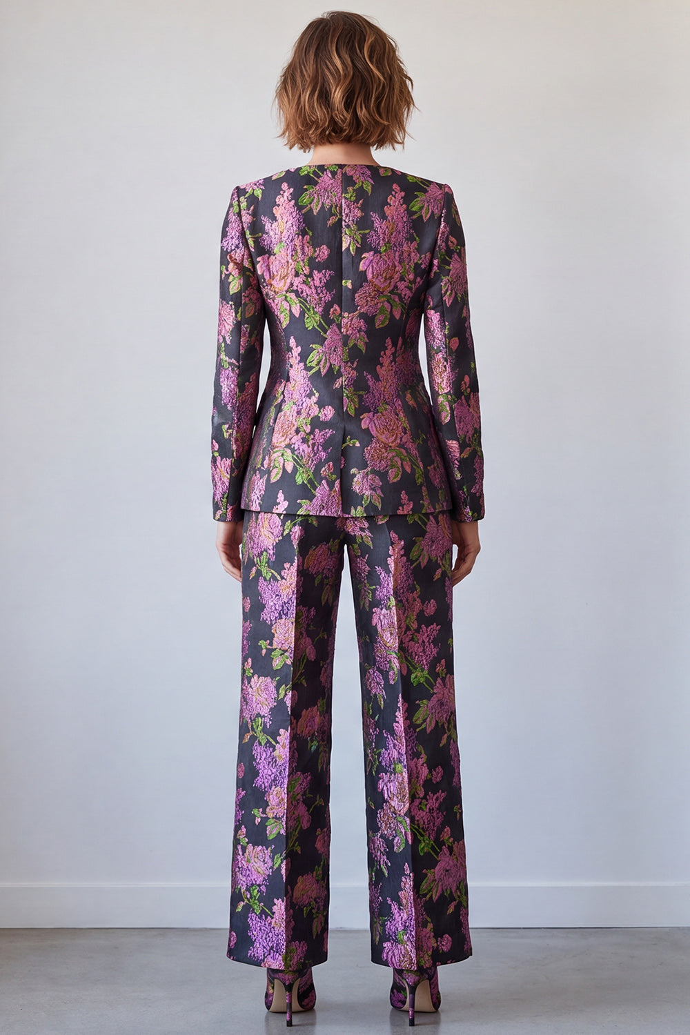 Black Purple Flower Printed Square Neck Two Piece Prom Suits