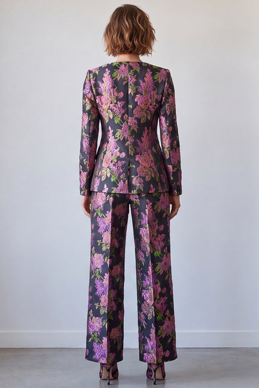 Black Purple Flower Printed Square Neck Two Piece Prom Suits