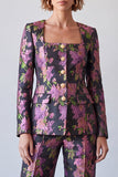 Black Purple Flower Printed Square Neck Two Piece Prom Suits