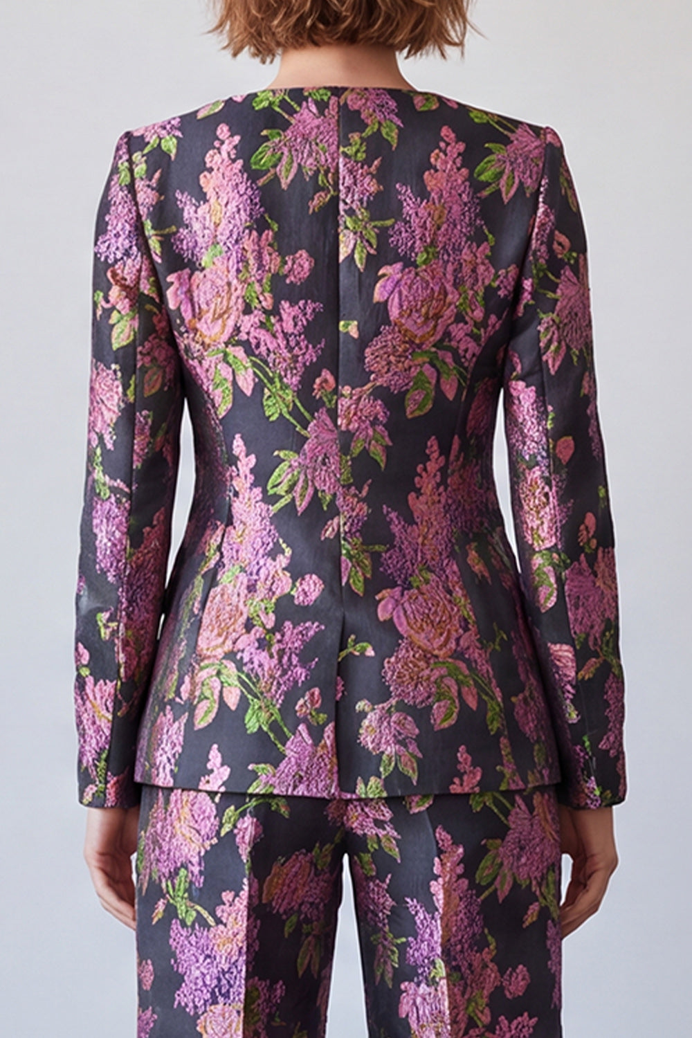 Black Purple Flower Printed Square Neck Two Piece Prom Suits