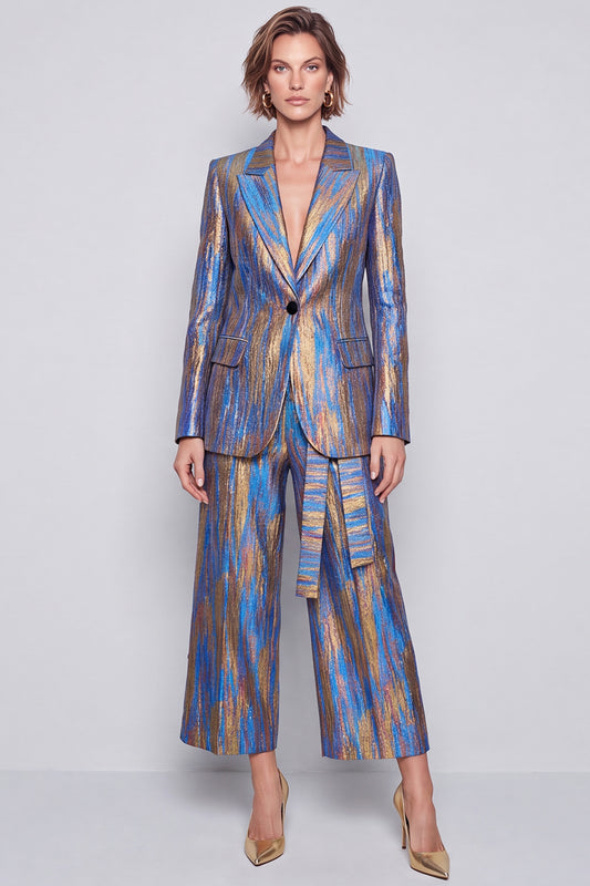 Blue Metallic Peak Lapel Two Piece Work Suits
