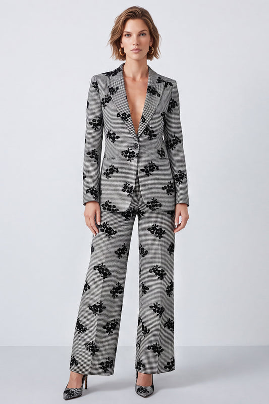 Black and White Plaid Floral Peak Lapel Two Piece Prom Suits