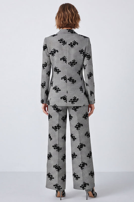 Black and White Plaid Floral Peak Lapel Two Piece Prom Suits