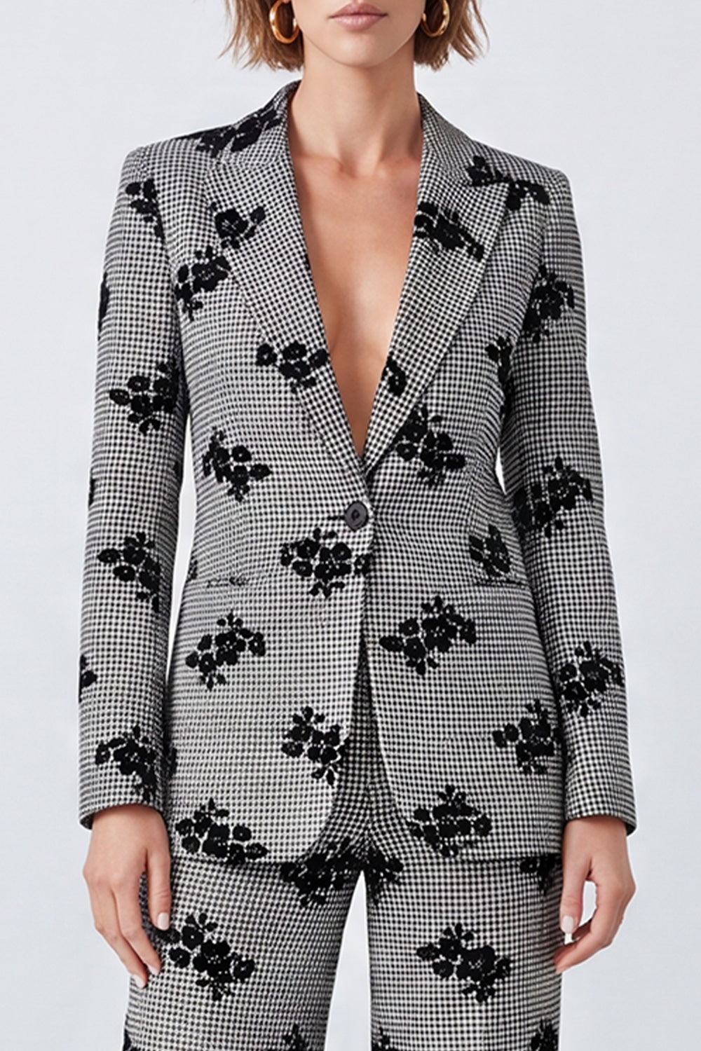 Black and White Plaid Floral Peak Lapel Two Piece Prom Suits