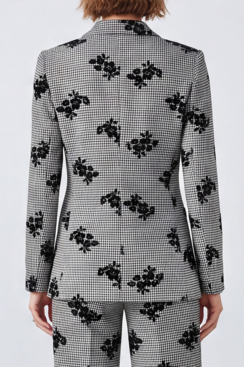 Black and White Plaid Floral Peak Lapel Two Piece Prom Suits