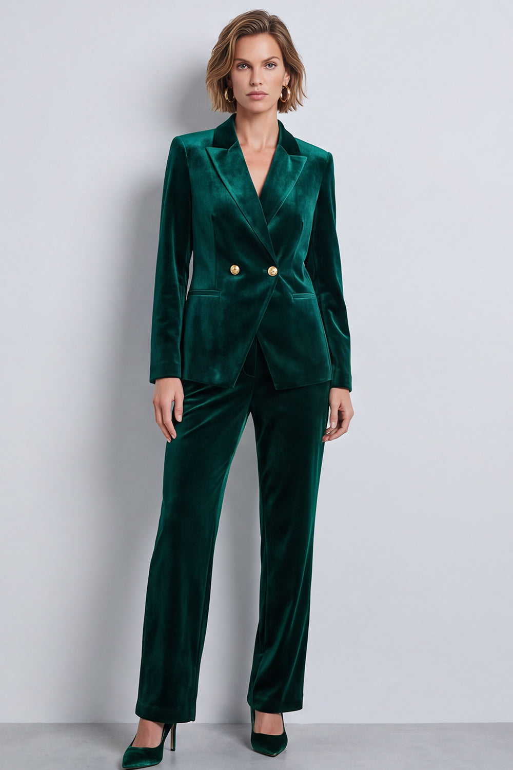 Dark Green Velvet Two Piece Peak Lapel Double Breasted Work Suits