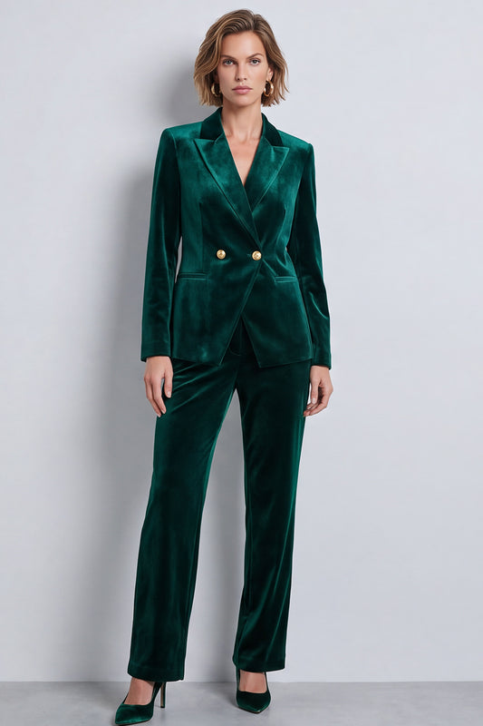 Dark Green Velvet Two Piece Peak Lapel Double Breasted Work Suits