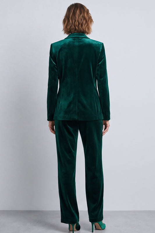 Dark Green Velvet Two Piece Peak Lapel Double Breasted Work Suits