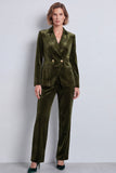 Dark Green Velvet Two Piece Peak Lapel Double Breasted Work Suits