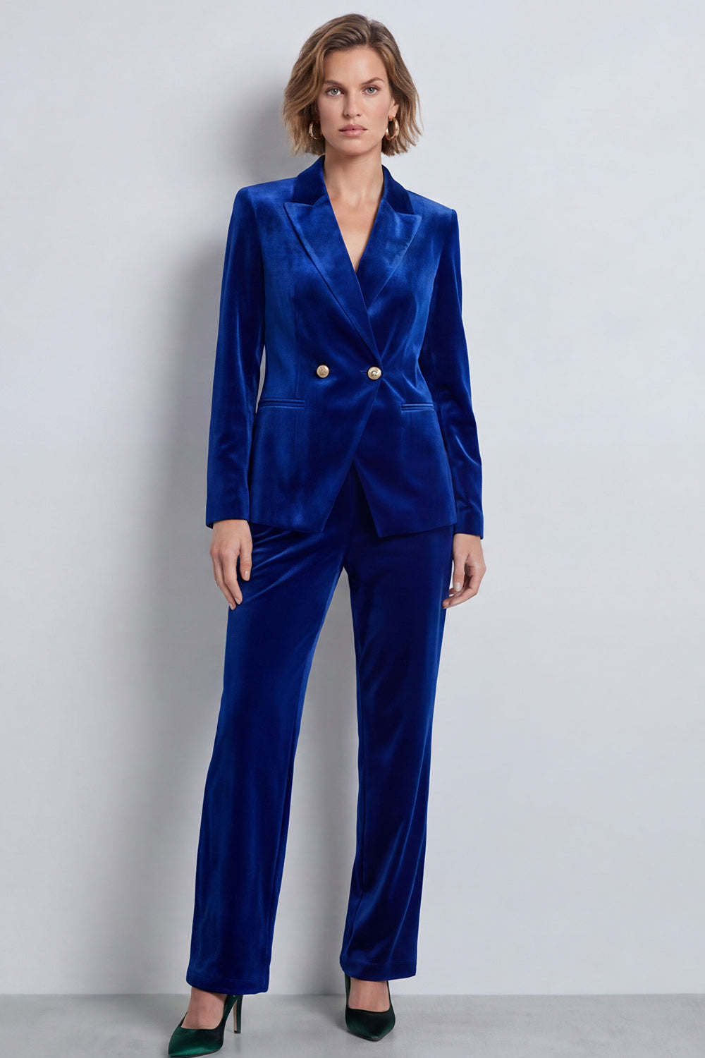 Dark Green Velvet Two Piece Peak Lapel Double Breasted Work Suits
