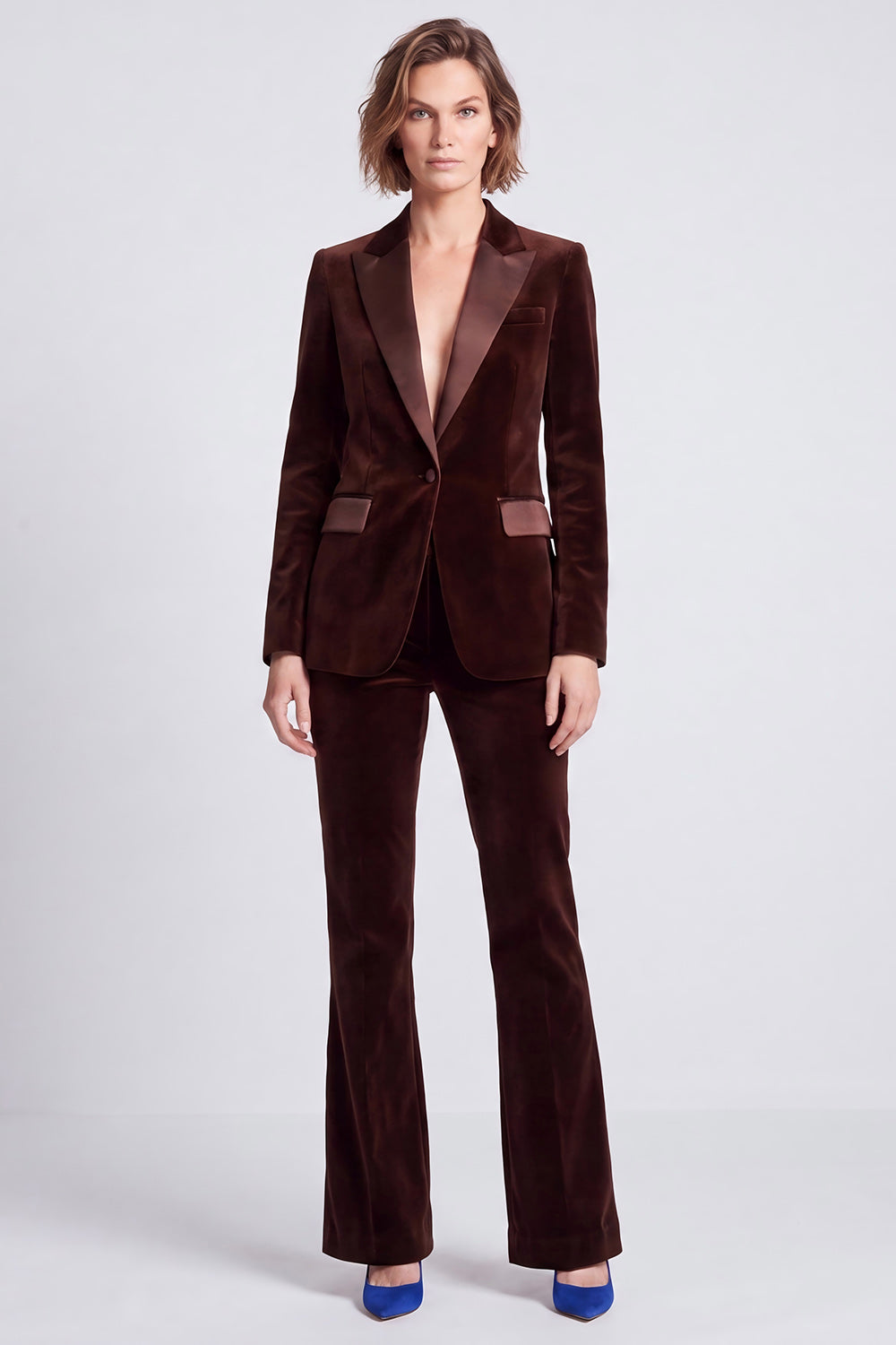 Brown Velvet Fitted Peak Lapel Two Piece Work Suits