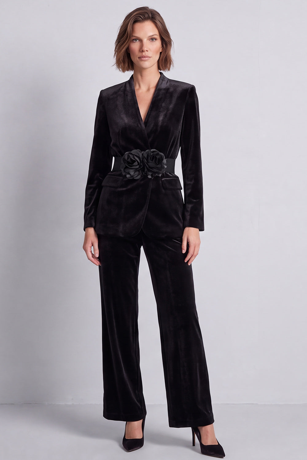 Black Velvet V-Neck Two Piece Work Suits with 3D Flowers