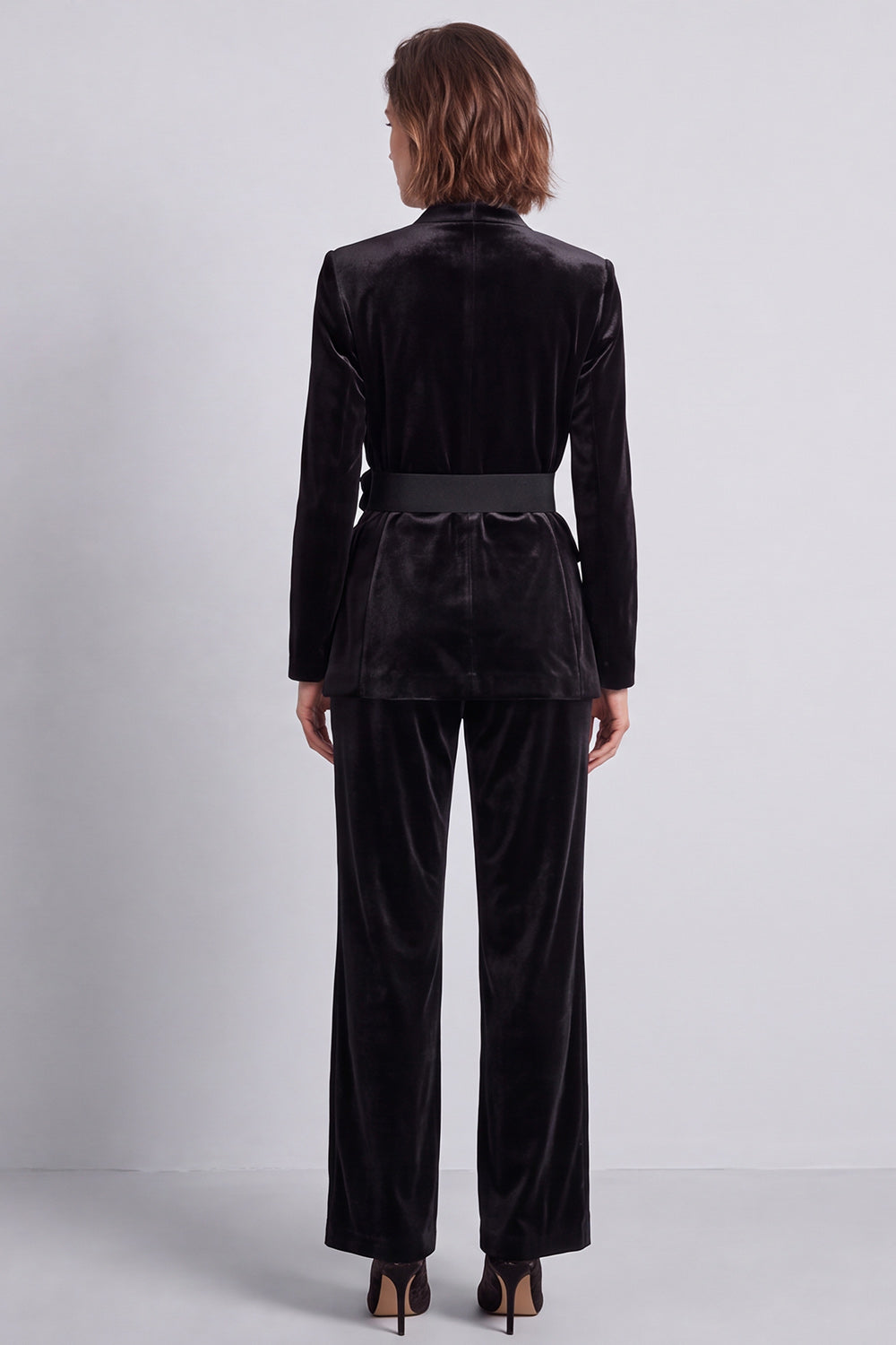 Black Velvet V-Neck Two Piece Work Suits with 3D Flowers