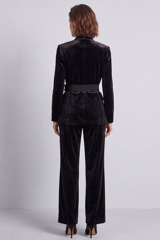 Black Velvet V-Neck Two Piece Work Suits with 3D Flowers