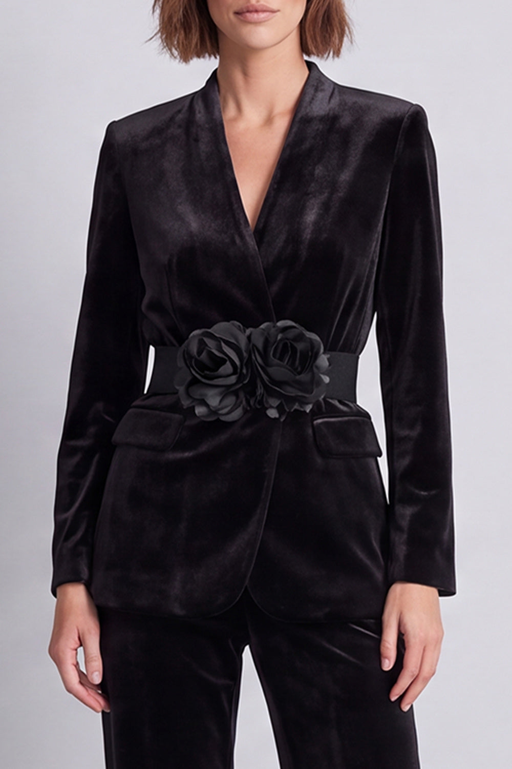 Black Velvet V-Neck Two Piece Work Suits with 3D Flowers