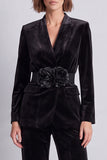 Black Velvet V-Neck Two Piece Work Suits with 3D Flowers