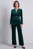 Black Velvet V-Neck Two Piece Work Suits with 3D Flowers