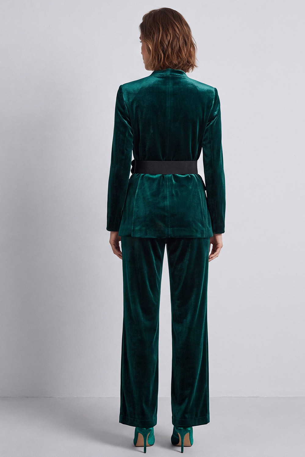Black Velvet V-Neck Two Piece Work Suits with 3D Flowers