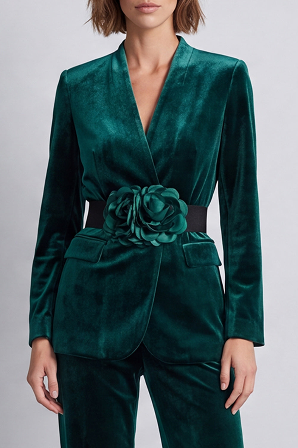 Black Velvet V-Neck Two Piece Work Suits with 3D Flowers
