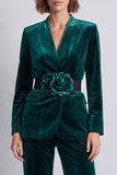 Black Velvet V-Neck Two Piece Work Suits with 3D Flowers