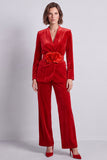Black Velvet V-Neck Two Piece Work Suits with 3D Flowers