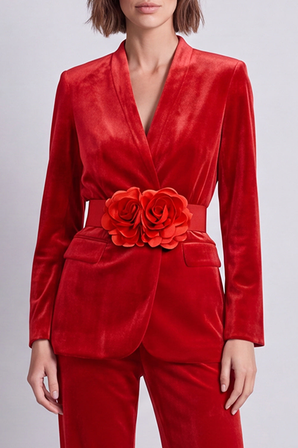 Black Velvet V-Neck Two Piece Work Suits with 3D Flowers