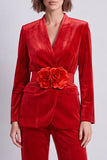 Black Velvet V-Neck Two Piece Work Suits with 3D Flowers
